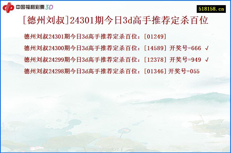 [德州刘叔]24301期今日3d高手推荐定杀百位