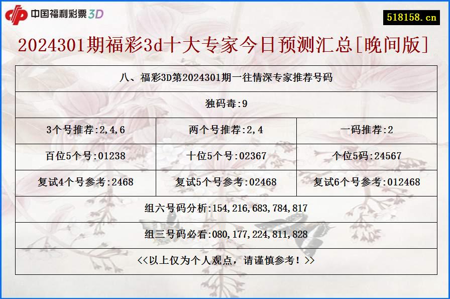 八、福彩3D第2024301期一往情深专家推荐号码