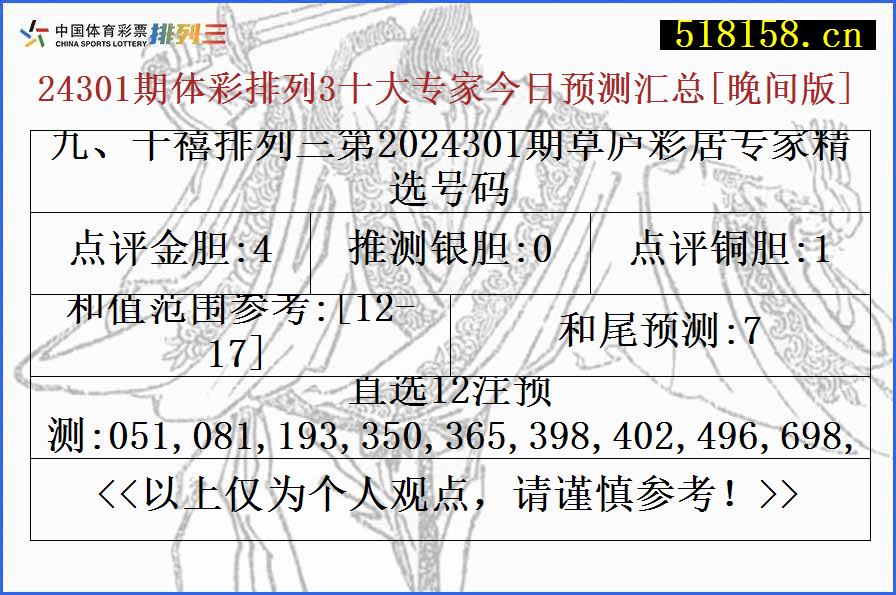 九、千禧排列三第2024301期草庐彩居专家精选号码