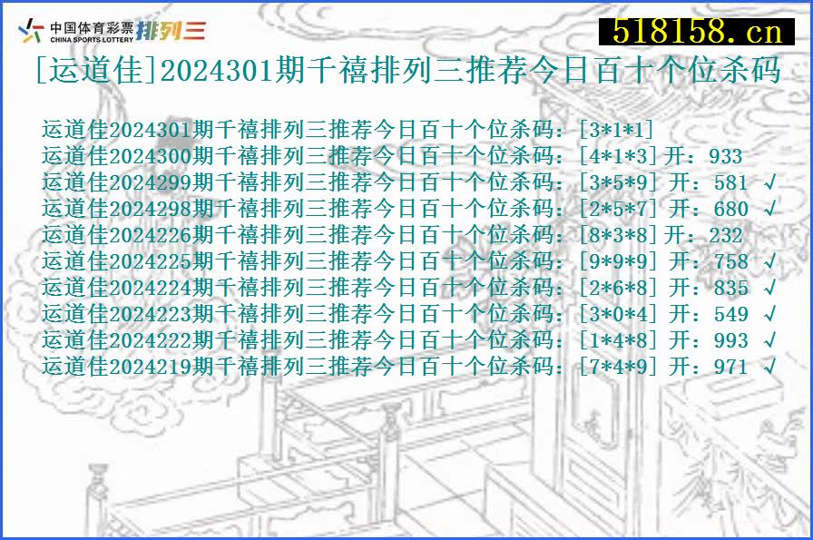 [运道佳]2024301期千禧排列三推荐今日百十个位杀码