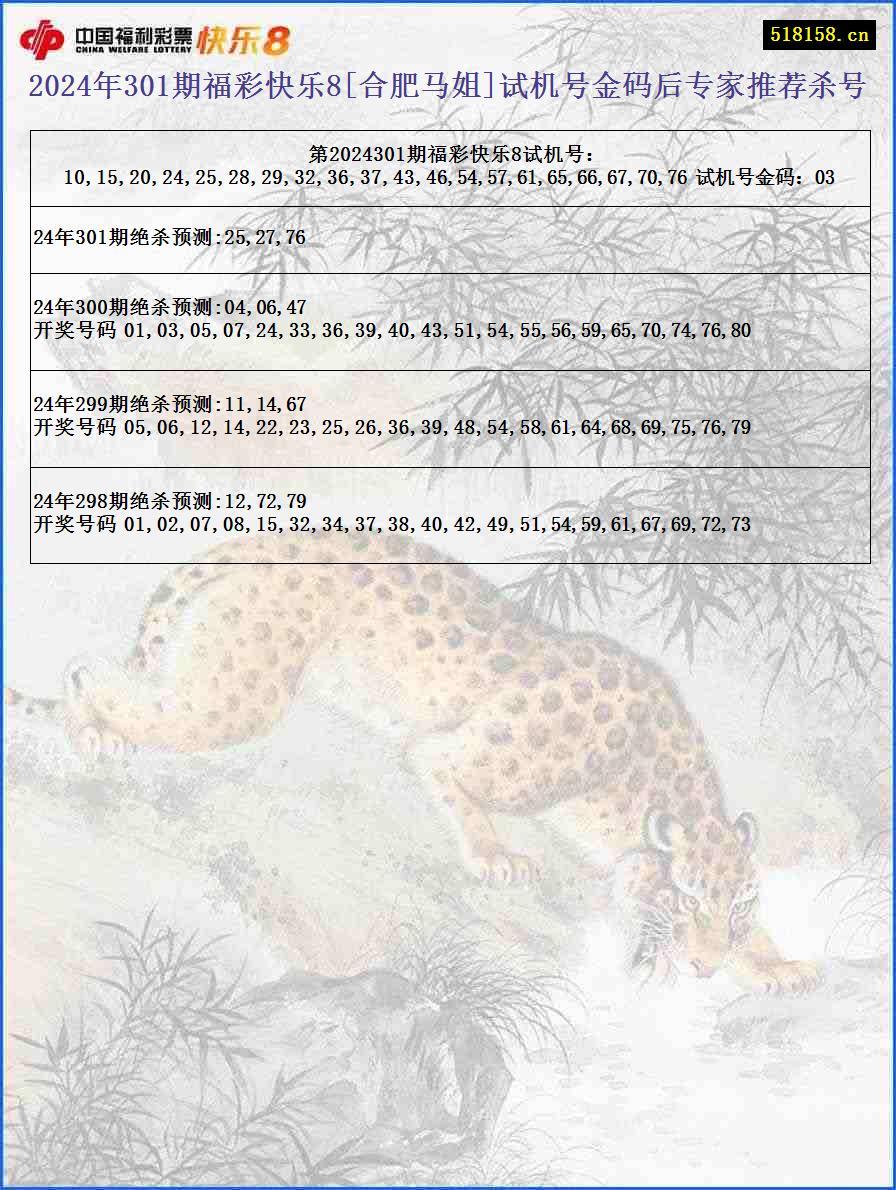 2024年301期福彩快乐8[合肥马姐]试机号金码后专家推荐杀号