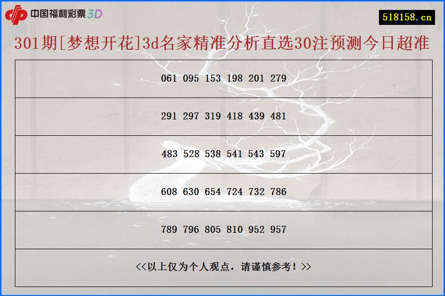 301期[梦想开花]3d名家精准分析直选30注预测今日超准