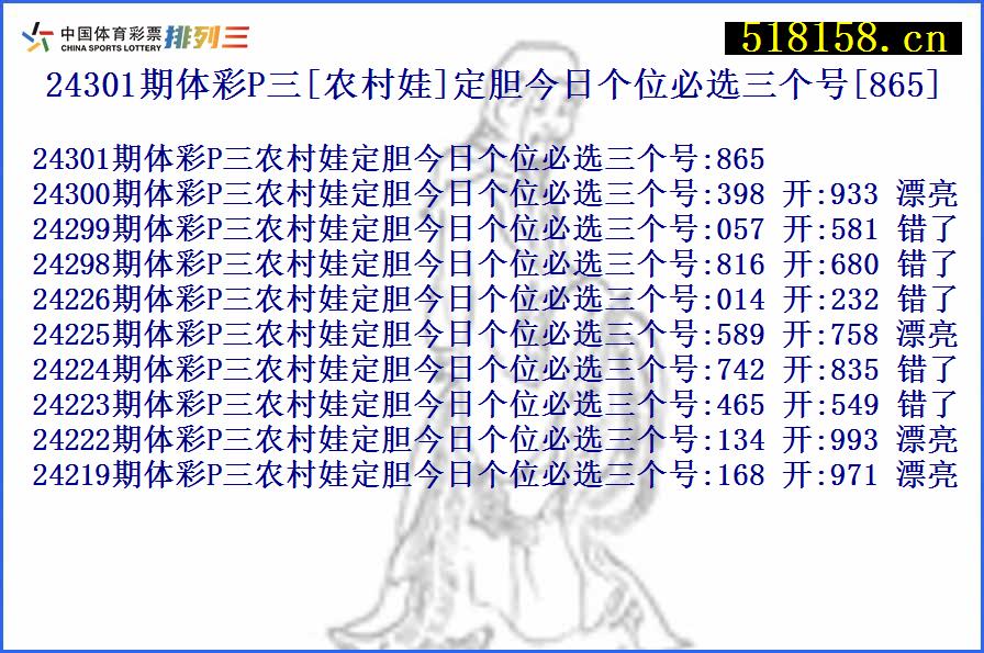 24301期体彩P三[农村娃]定胆今日个位必选三个号[865]