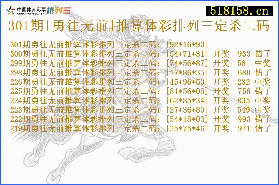 301期[勇往无前]推算体彩排列三定杀二码