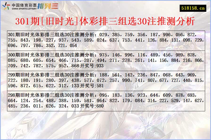 301期[旧时光]体彩排三组选30注推测分析