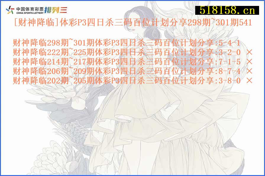 [财神降临]体彩P3四日杀三码百位计划分享298期~301期541