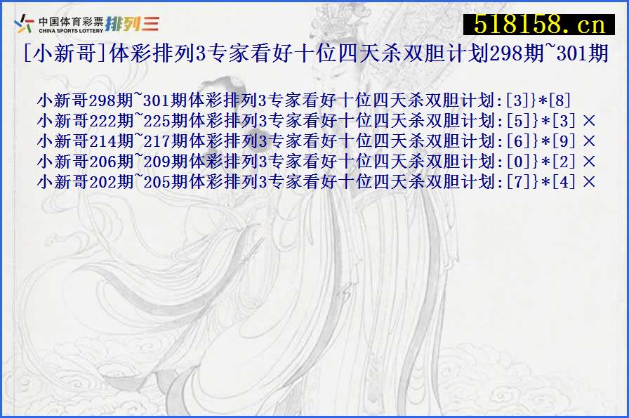 [小新哥]体彩排列3专家看好十位四天杀双胆计划298期~301期