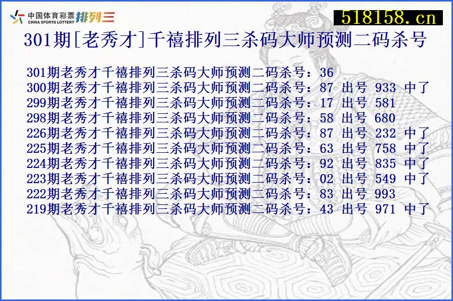 301期[老秀才]千禧排列三杀码大师预测二码杀号