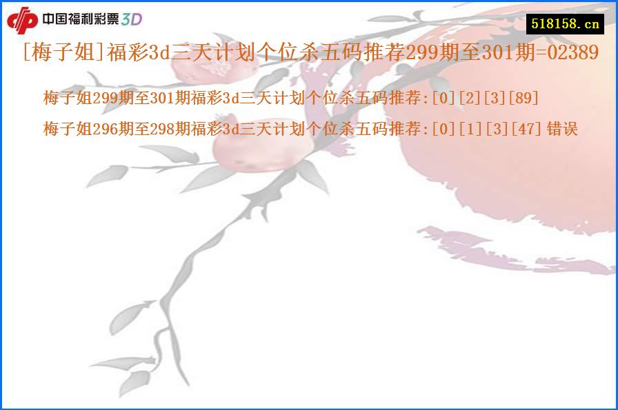 [梅子姐]福彩3d三天计划个位杀五码推荐299期至301期=02389