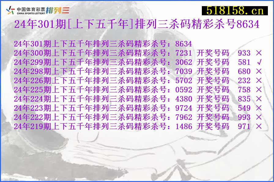 24年301期[上下五千年]排列三杀码精彩杀号8634