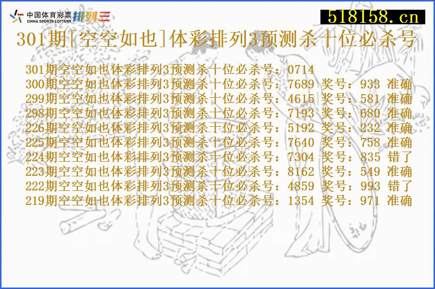 301期[空空如也]体彩排列3预测杀十位必杀号