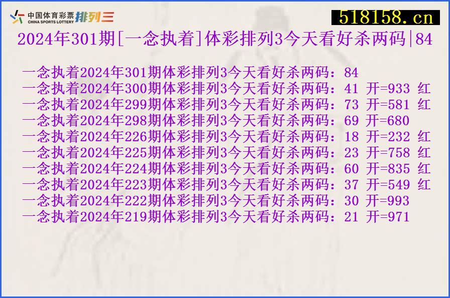 2024年301期[一念执着]体彩排列3今天看好杀两码|84