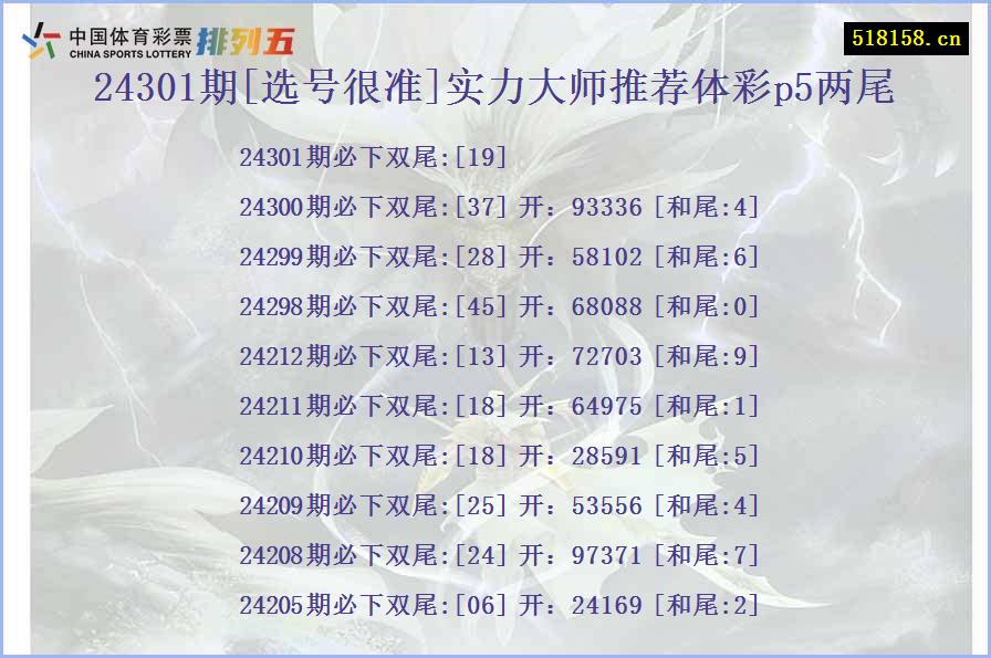 24301期[选号很准]实力大师推荐体彩p5两尾