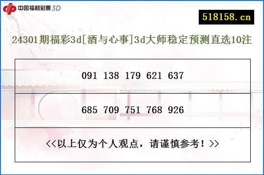 24301期福彩3d[酒与心事]3d大师稳定预测直选10注