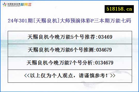 24年301期[天赐良机]大师预演体彩P三本期万能七码