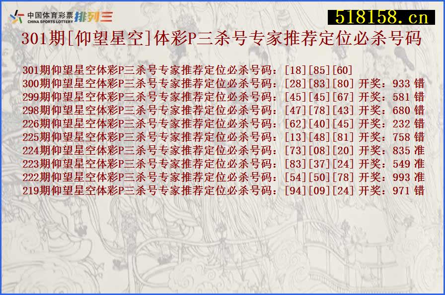 301期[仰望星空]体彩P三杀号专家推荐定位必杀号码