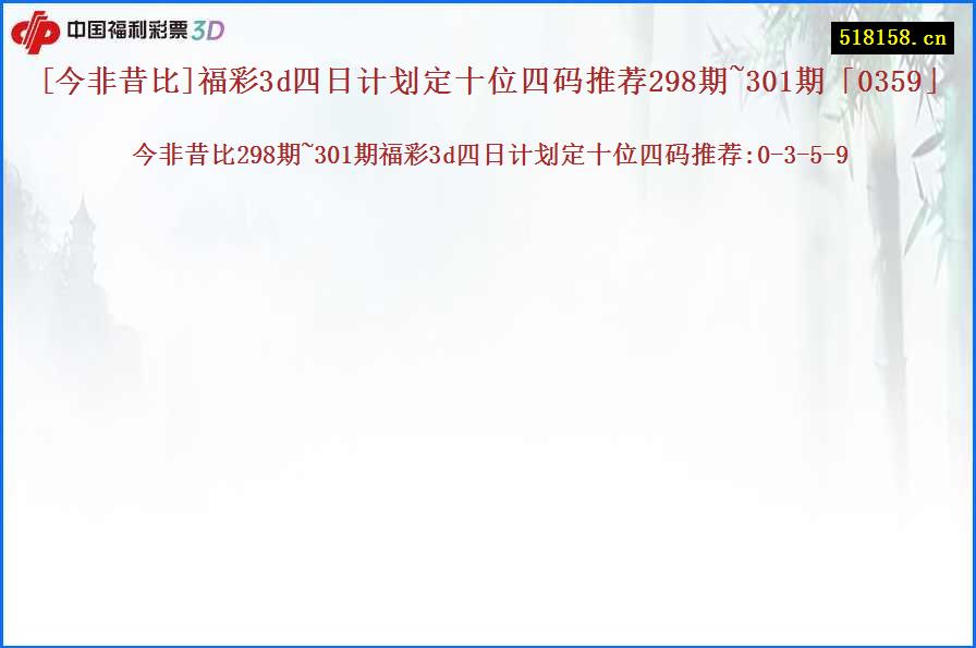[今非昔比]福彩3d四日计划定十位四码推荐298期~301期「0359」