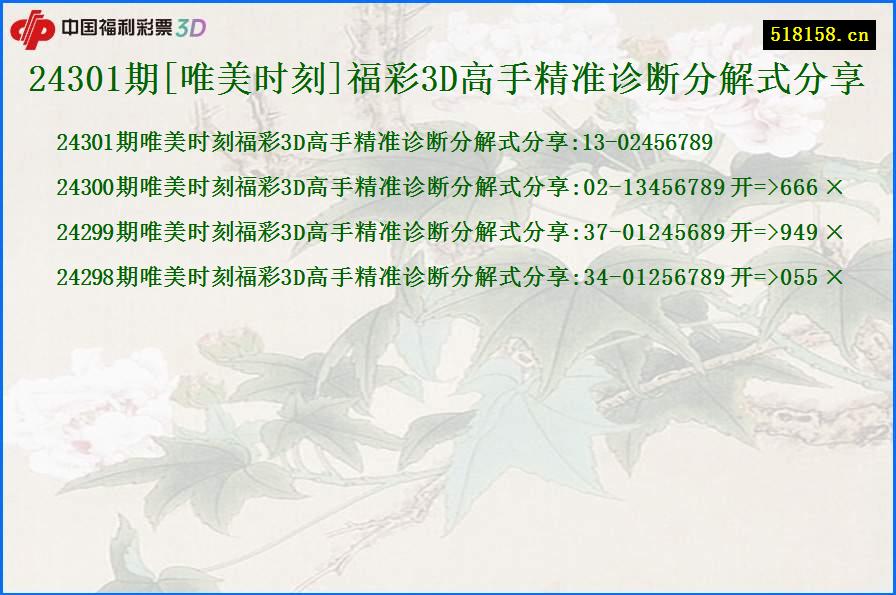 24301期[唯美时刻]福彩3D高手精准诊断分解式分享