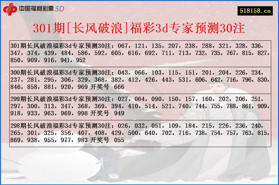 301期[长风破浪]福彩3d专家预测30注