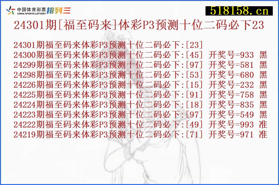 24301期[福至码来]体彩P3预测十位二码必下23