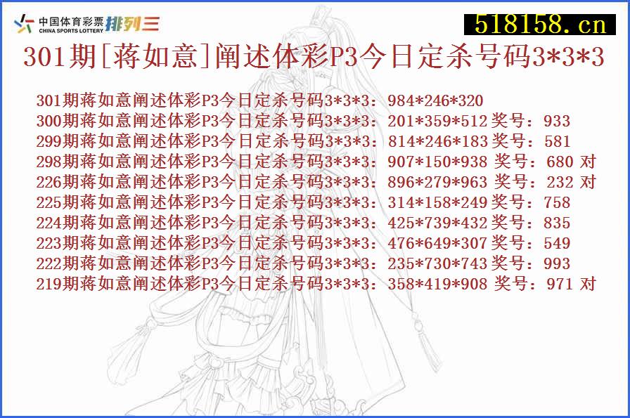 301期[蒋如意]阐述体彩P3今日定杀号码3*3*3