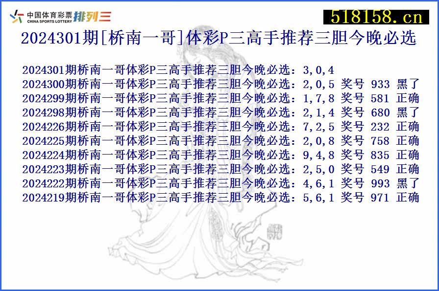 2024301期[桥南一哥]体彩P三高手推荐三胆今晚必选