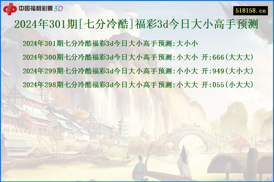 2024年301期[七分冷酷]福彩3d今日大小高手预测