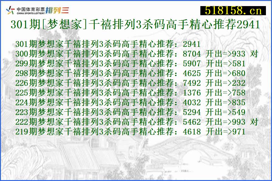 301期[梦想家]千禧排列3杀码高手精心推荐2941