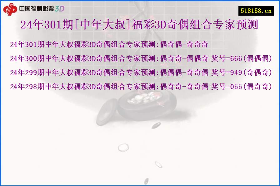 24年301期[中年大叔]福彩3D奇偶组合专家预测