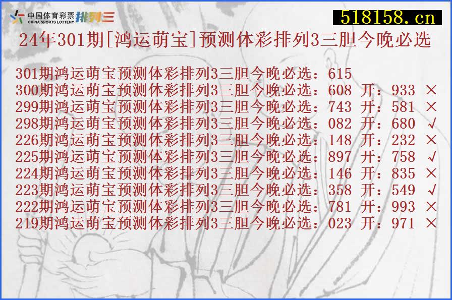 24年301期[鸿运萌宝]预测体彩排列3三胆今晚必选