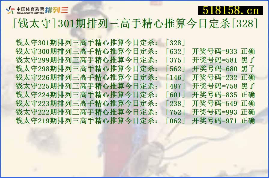 [钱太守]301期排列三高手精心推算今日定杀[328]