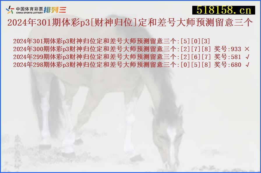 2024年301期体彩p3[财神归位]定和差号大师预测留意三个