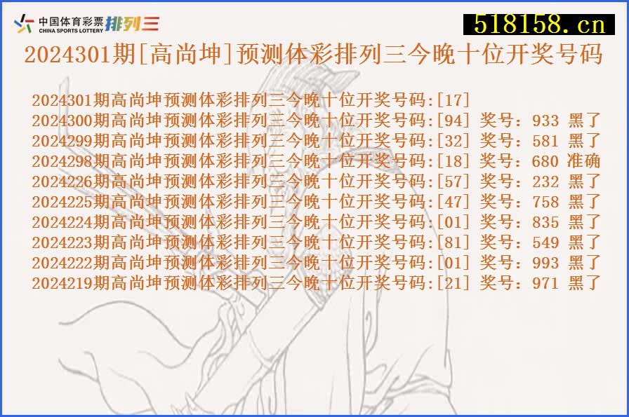 2024301期[高尚坤]预测体彩排列三今晚十位开奖号码