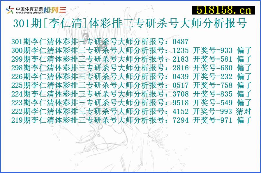 301期[李仁清]体彩排三专研杀号大师分析报号