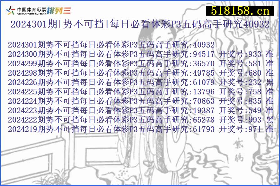 2024301期[势不可挡]每日必看体彩P3五码高手研究40932