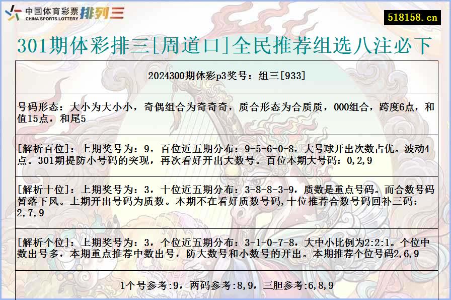 301期体彩排三[周道口]全民推荐组选八注必下