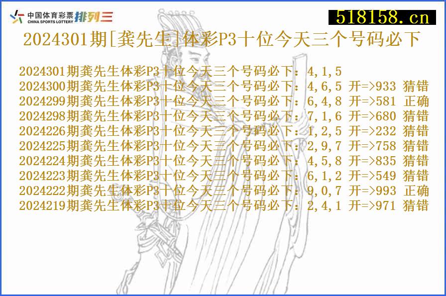 2024301期[龚先生]体彩P3十位今天三个号码必下