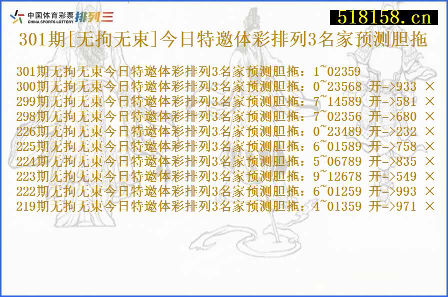 301期[无拘无束]今日特邀体彩排列3名家预测胆拖