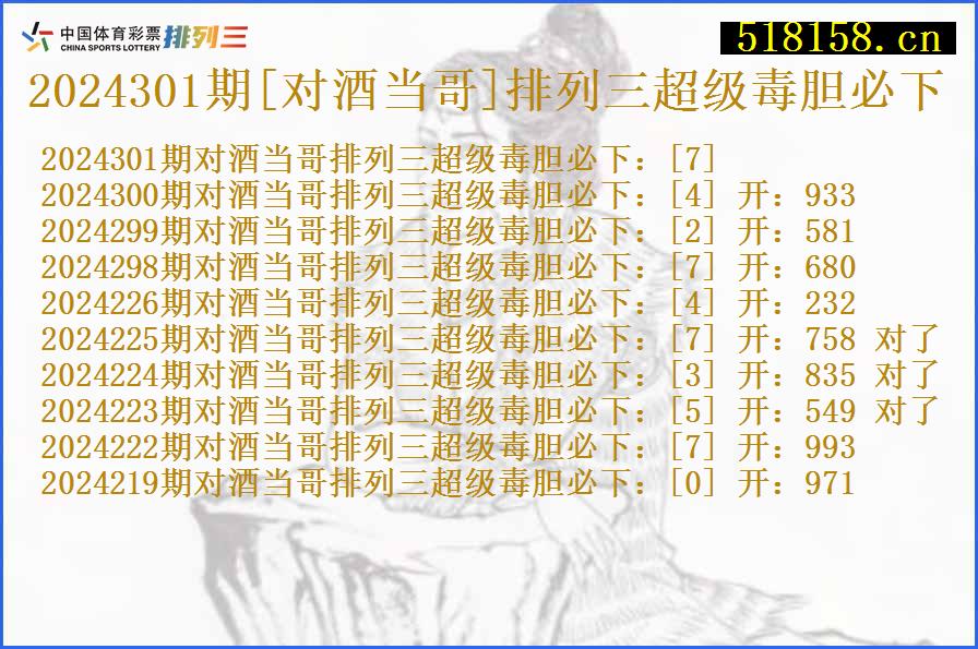 2024301期[对酒当哥]排列三超级毒胆必下