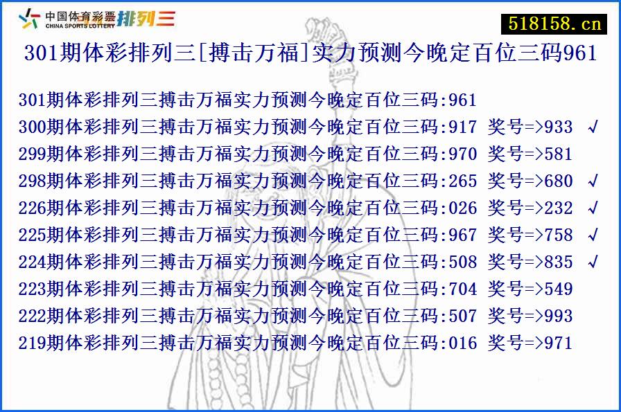 301期体彩排列三[搏击万福]实力预测今晚定百位三码961