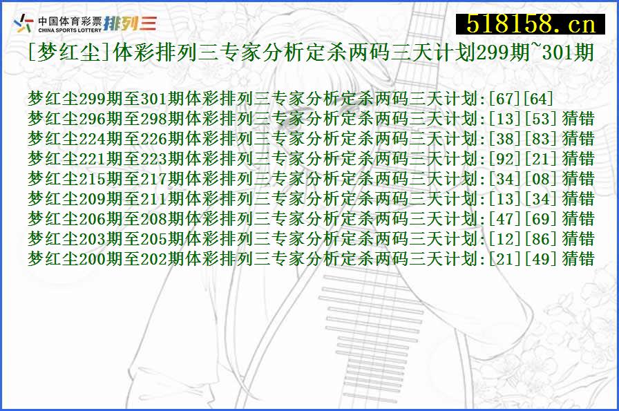 [梦红尘]体彩排列三专家分析定杀两码三天计划299期~301期