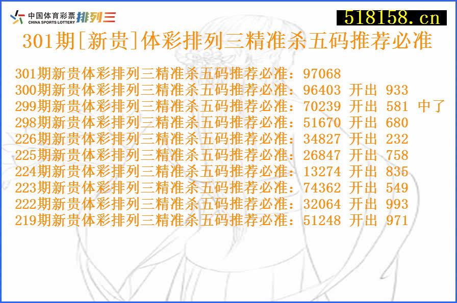 301期[新贵]体彩排列三精准杀五码推荐必准