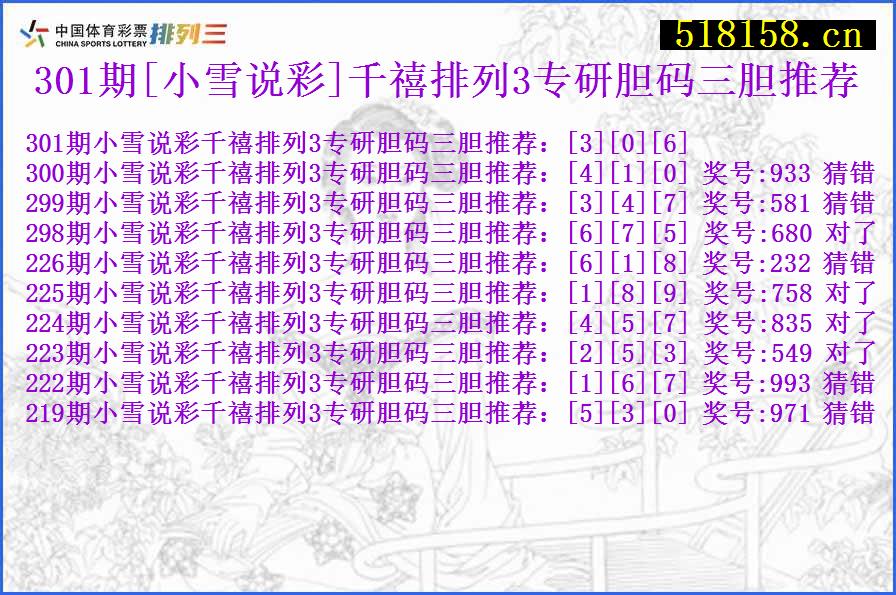 301期[小雪说彩]千禧排列3专研胆码三胆推荐