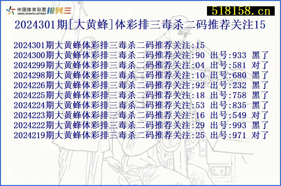 2024301期[大黄蜂]体彩排三毒杀二码推荐关注15