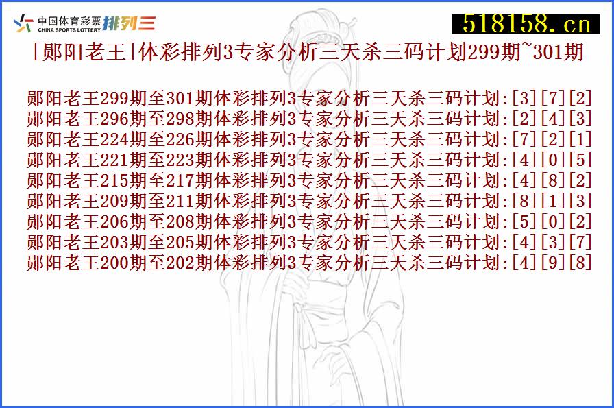 [郧阳老王]体彩排列3专家分析三天杀三码计划299期~301期