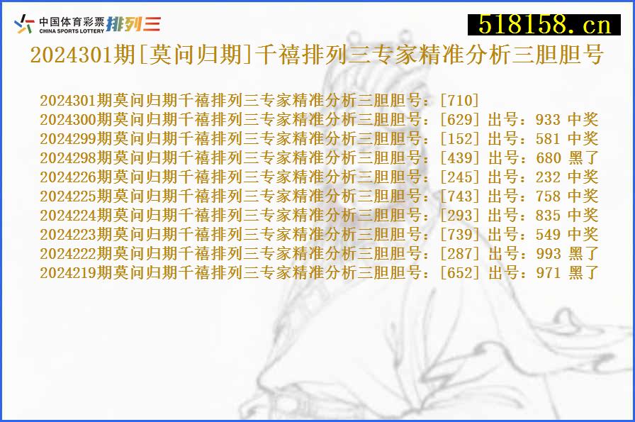 2024301期[莫问归期]千禧排列三专家精准分析三胆胆号