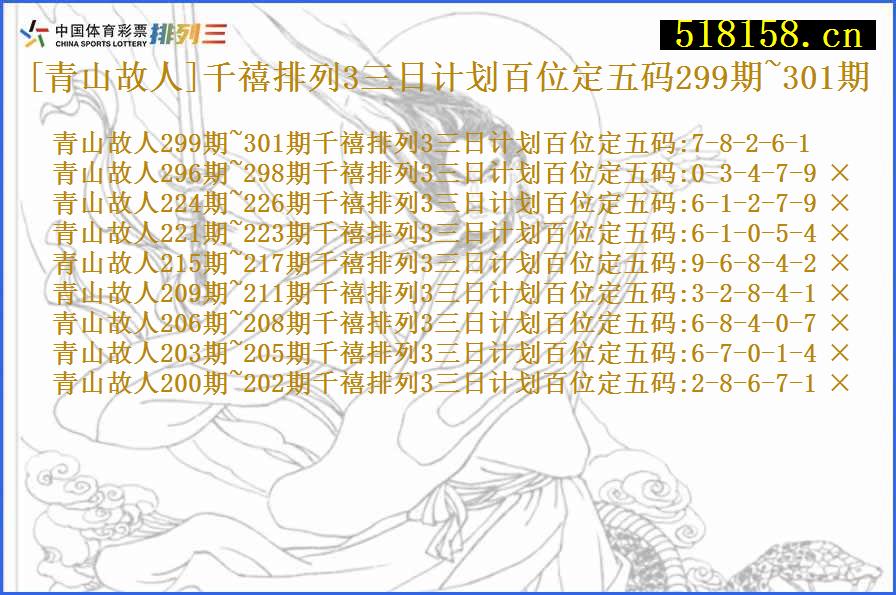 [青山故人]千禧排列3三日计划百位定五码299期~301期