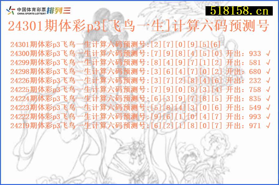 24301期体彩p3[飞鸟一生]计算六码预测号