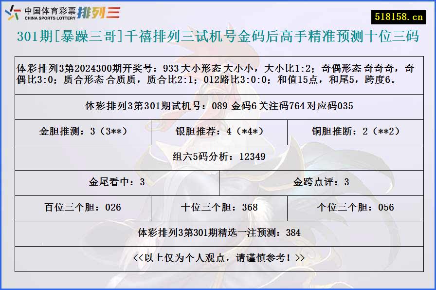 301期[暴躁三哥]千禧排列三试机号金码后高手精准预测十位三码