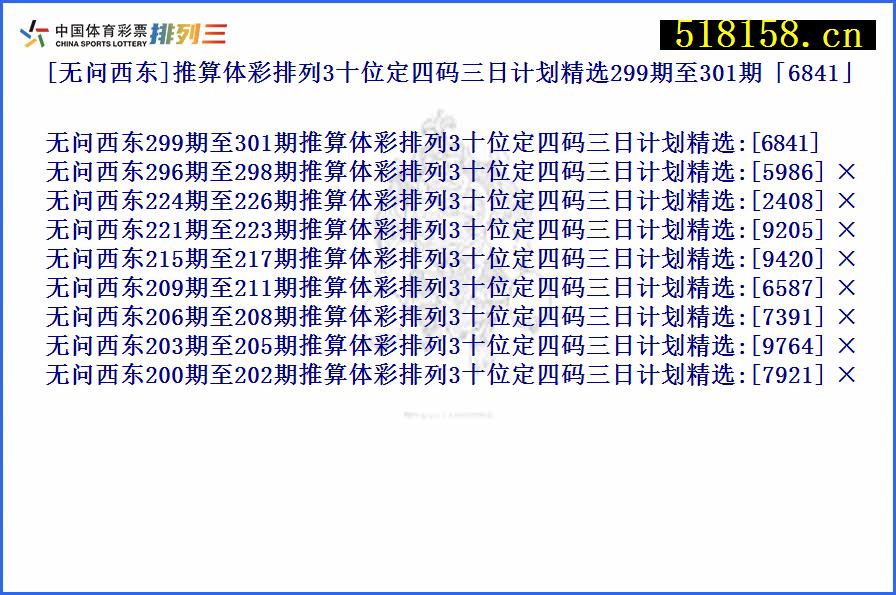 [无问西东]推算体彩排列3十位定四码三日计划精选299期至301期「6841」